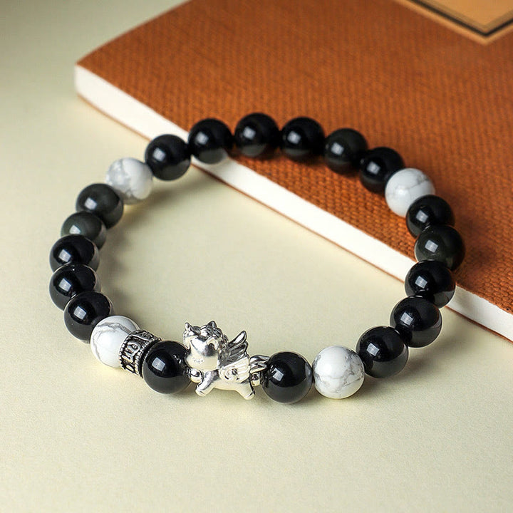 Buddha Stones 999 Sterling Silber Jahr des Pferdes Natürlicher schwarzer Obsidian Bodhi Seed Strength Armband - image 2