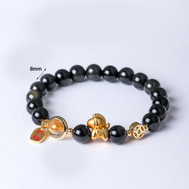 Buddha Stones Armband „Jahr des Pferdes“, natürlich, 8 mm, schwarzer Obsidian, roter Achat, rosa Kristall - image 1