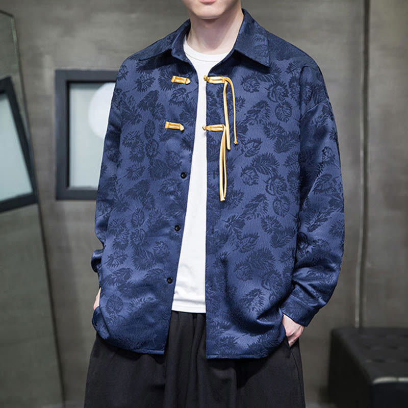 Buddha Stones Frosch-Knopf Blätter Muster Langarm Herren Tang Anzug Jacke - Dunkelblau - US/ UK/AU50,EU60 (5XL) - image 9