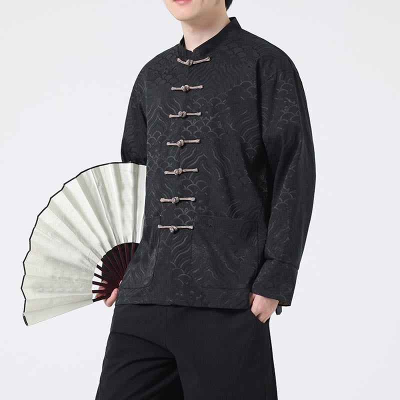 Buddha Stones Frosch-Knopf Bergwellenmuster Langarm Herren Baumwolljacke mit Taschen - Schwarz - US/ UK/AU46,EU56 (5XL) - image 9