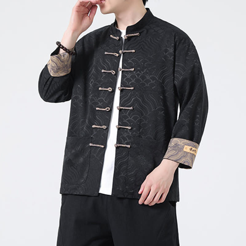 Buddha Stones Frosch-Knopf Bergwellenmuster Langarm Herren Baumwolljacke mit Taschen - image 13