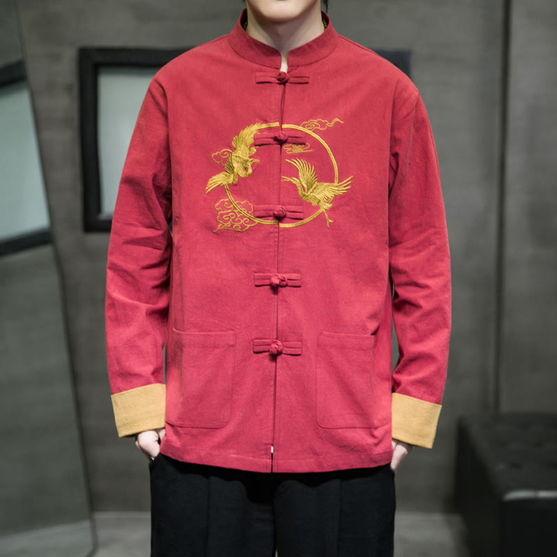 Buddha Stones Stickerei Kraniche Muster Frosch-Knopf Herren Baumwolle Langarm Jacke mit Taschen - image 1