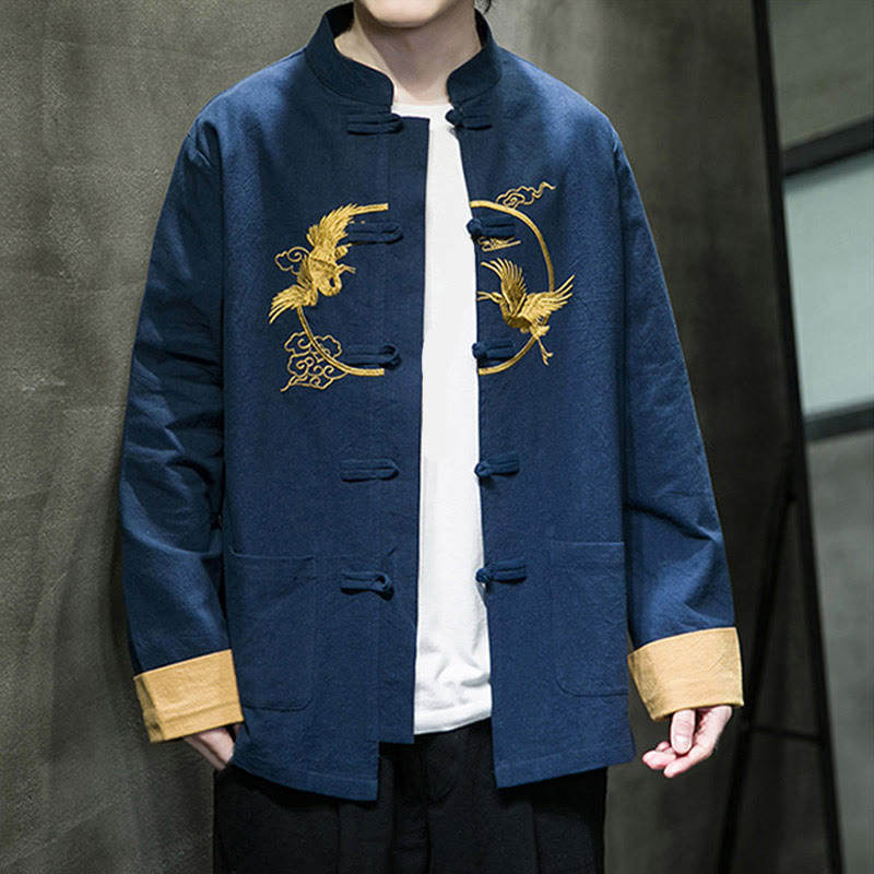 Buddha Stones Stickerei Kraniche Muster Frosch-Knopf Herren Baumwolle Langarm Jacke mit Taschen - image 35