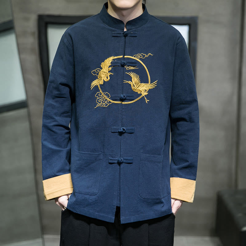 Buddha Stones Stickerei Kraniche Muster Frosch-Knopf Herren Baumwolle Langarm Jacke mit Taschen - Dunkelblau - US/ UK/AU46,EU56 (5XL) - image 29