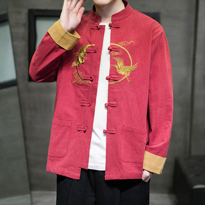 Buddha Stones Stickerei Kraniche Muster Frosch-Knopf Herren Baumwolle Langarm Jacke mit Taschen - Purpur - US/ UK/AU46,EU56 (5XL) - image 0