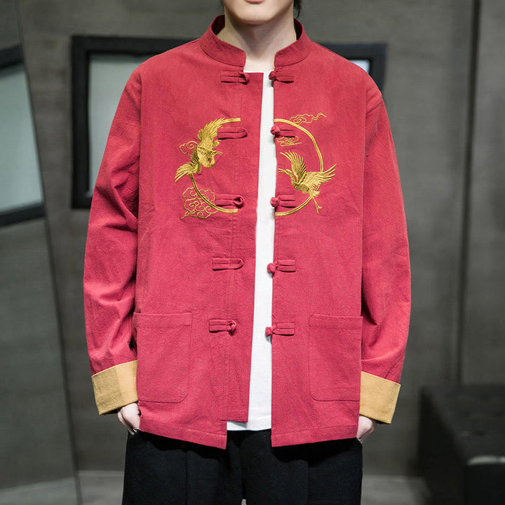 Buddha Stones Stickerei Kraniche Muster Frosch-Knopf Herren Baumwolle Langarm Jacke mit Taschen - image 3