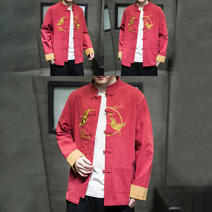 Buddha Stones Stickerei Kraniche Muster Frosch-Knopf Herren Baumwolle Langarm Jacke mit Taschen - image 6