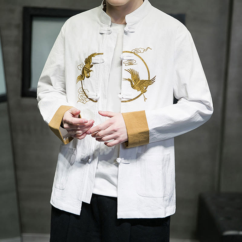 Buddha Stones Stickerei Kraniche Muster Frosch-Knopf Herren Baumwolle Langarm Jacke mit Taschen - image 13