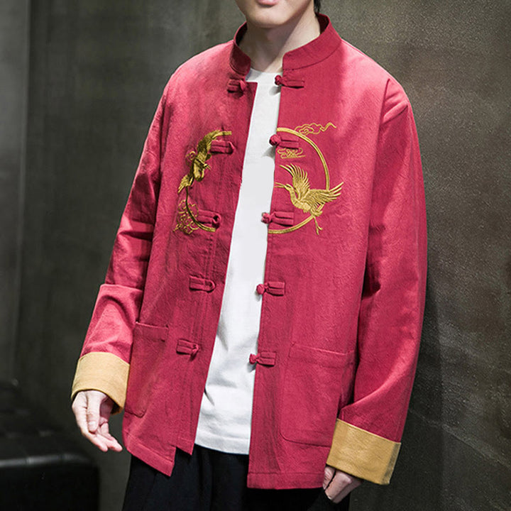 Buddha Stones Stickerei Kraniche Muster Frosch-Knopf Herren Baumwolle Langarm Jacke mit Taschen - image 5