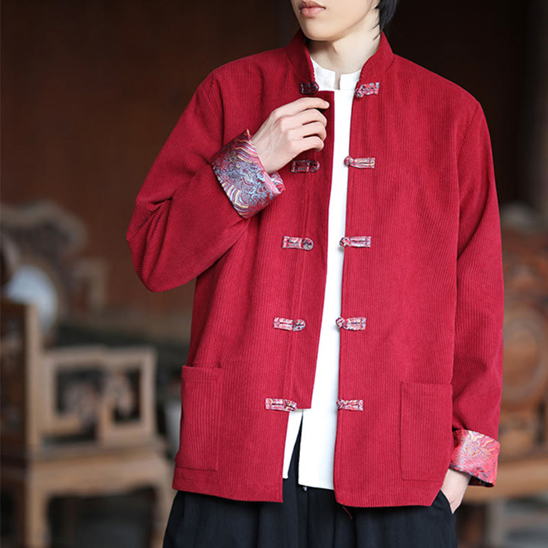 Buddha Stones Spring Jacquard Frog-Button Herren Baumwollcord Langarmjacke mit Taschen - image 5