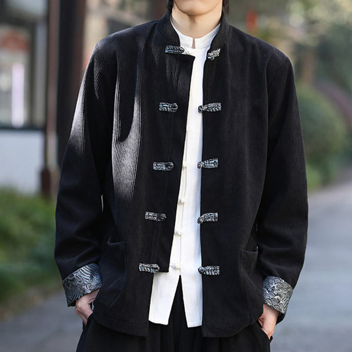 Buddha Stones Spring Jacquard Frog-Button Herren Baumwollcord Langarmjacke mit Taschen - image 14