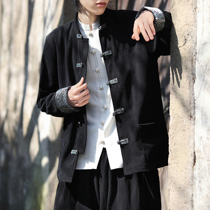 Buddha Stones Spring Jacquard Frog-Button Herren Baumwollcord Langarmjacke mit Taschen - image 17