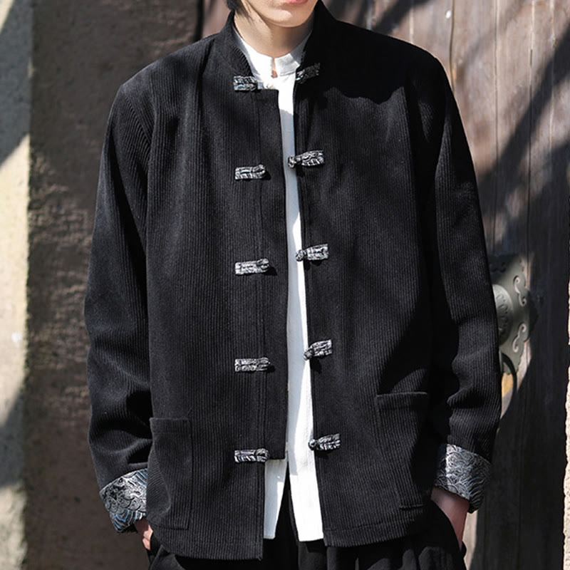 Buddha Stones Spring Jacquard Frog-Button Herren Baumwollcord Langarmjacke mit Taschen - image 16