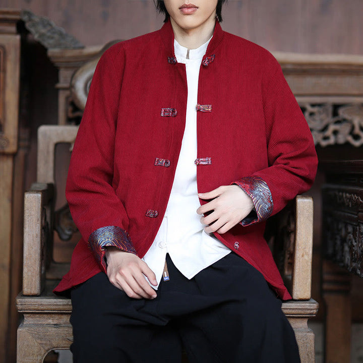 Buddha Stones Spring Jacquard Frog-Button Herren Baumwollcord Langarmjacke mit Taschen - image 8