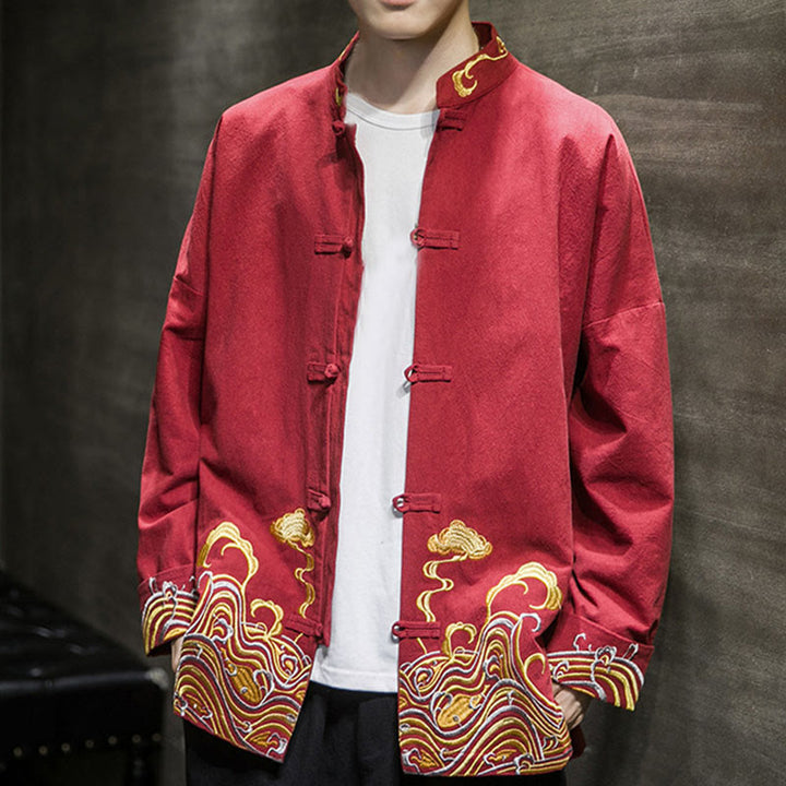 Herren-Tang-Anzugjacke aus Baumwolle mit Buddha Stones , bestickten Wolken und Froschknöpfen - image 6