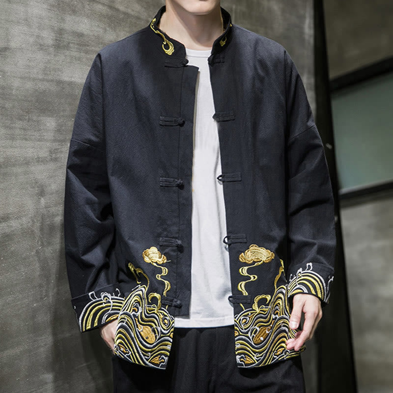 Herren-Tang-Anzugjacke aus Baumwolle mit Buddha Stones , bestickten Wolken und Froschknöpfen - image 15