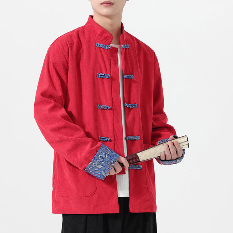 Buddha Stones Blumenmuster, langärmlige Herren-Tang-Anzugjacke aus Baumwollcord mit Taschen - Rot - US/ UK/AU46,EU56 (5XL) - image 0