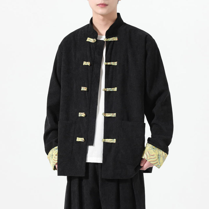 Buddha Stones Blumenmuster, langärmlige Herren-Tang-Anzugjacke aus Baumwollcord mit Taschen - Schwarz - US/ UK/AU46,EU56 (5XL) - image 6