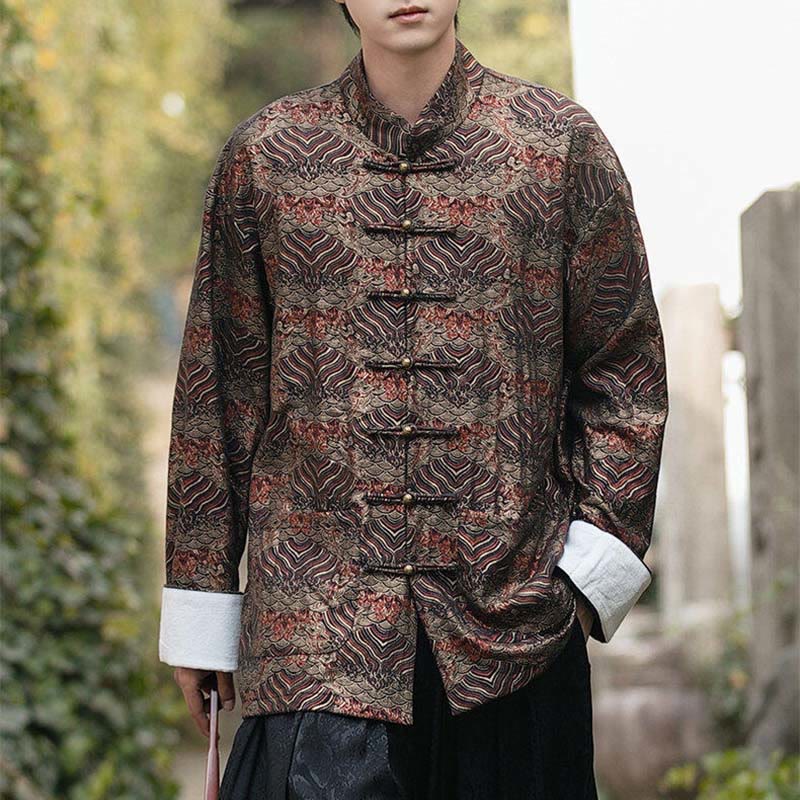 Buddha Stones Printing Blumenmuster Herren Knopf Design Langarmhemd mit Taschen - image 23