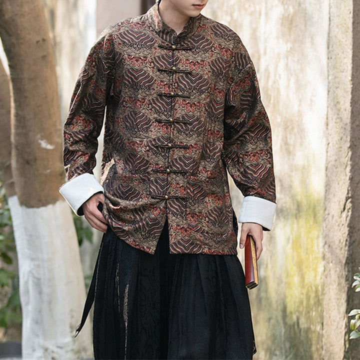 Buddha Stones Printing Blumenmuster Herren Knopf Design Langarmhemd mit Taschen - Sattelbraun - US/ UK/AU46,EU56 (5XL) - image 17