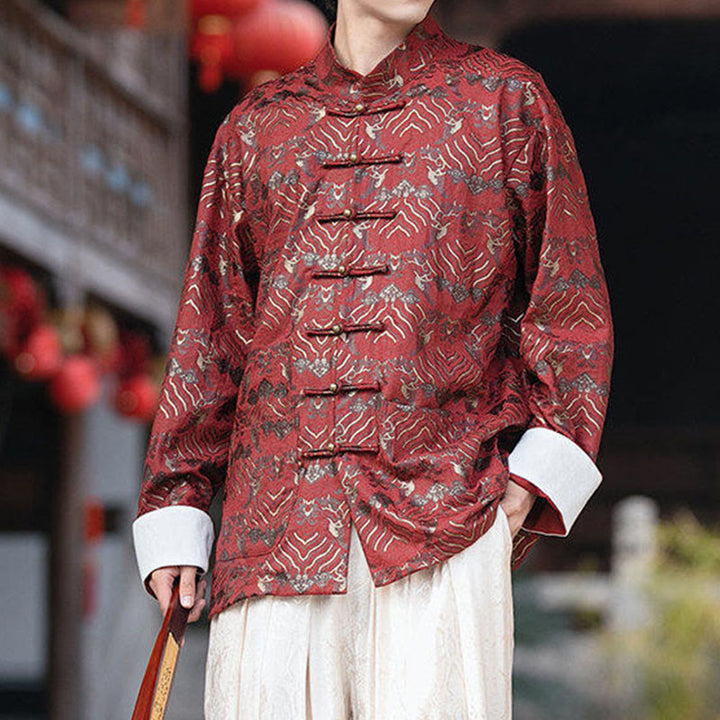 Buddha Stones Printing Blumenmuster Herren Knopf Design Langarmhemd mit Taschen - image 1