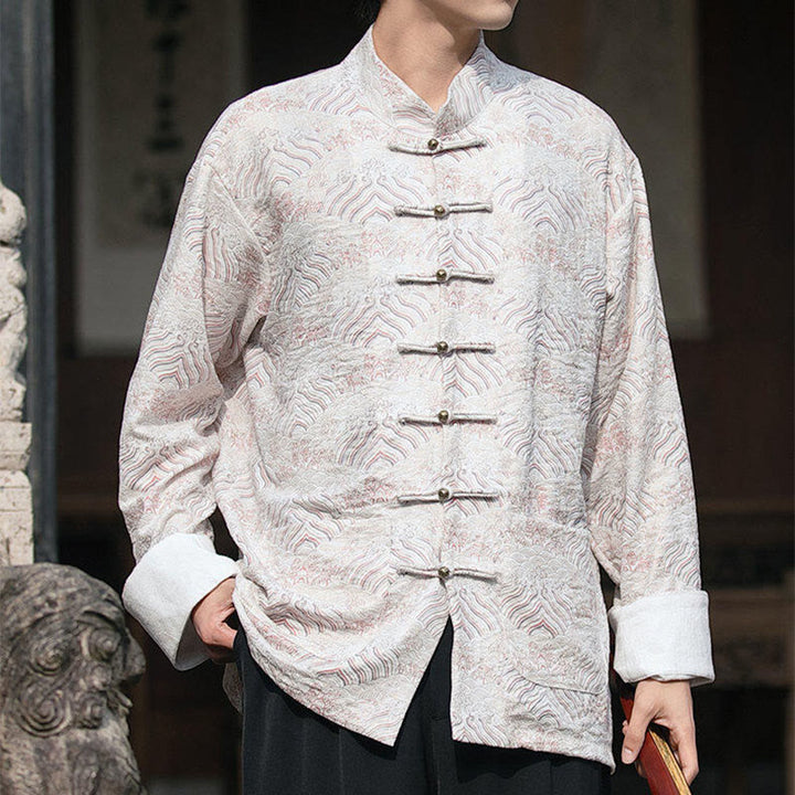 Buddha Stones Printing Blumenmuster Herren Knopf Design Langarmhemd mit Taschen - image 12