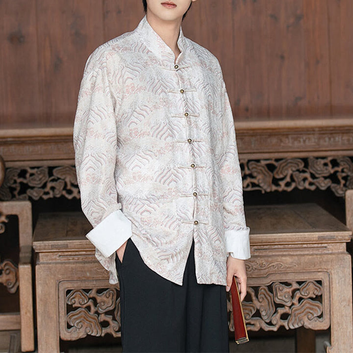 Buddha Stones Printing Blumenmuster Herren Knopf Design Langarmhemd mit Taschen - Weißer Rauch - US/ UK/AU46,EU56 (5XL) - image 7