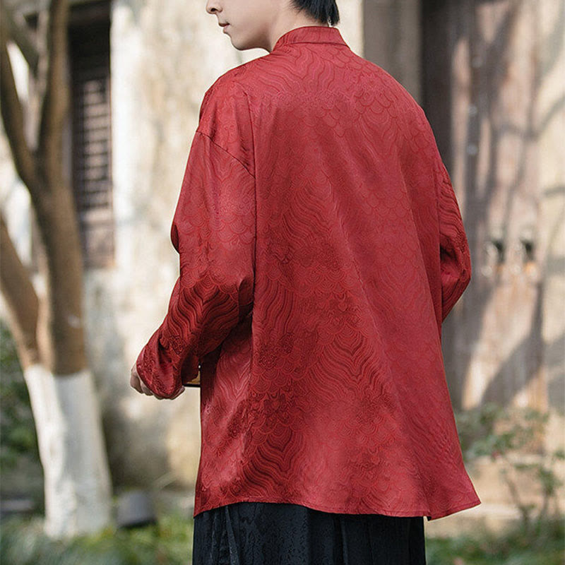 Buddha Stones Chinesischer Frosch-Knopf Bambus-Form-Design Stehkragen Herren Langarmhemd - image 21