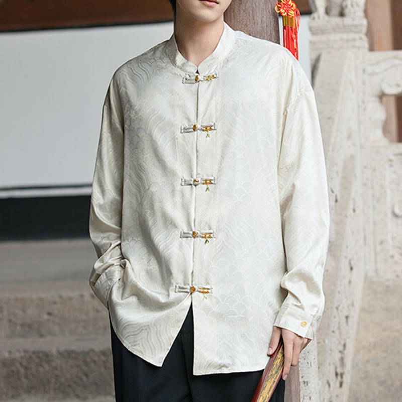 Buddha Stones Chinesischer Frosch-Knopf Bambus-Form-Design Stehkragen Herren Langarmhemd - image 8