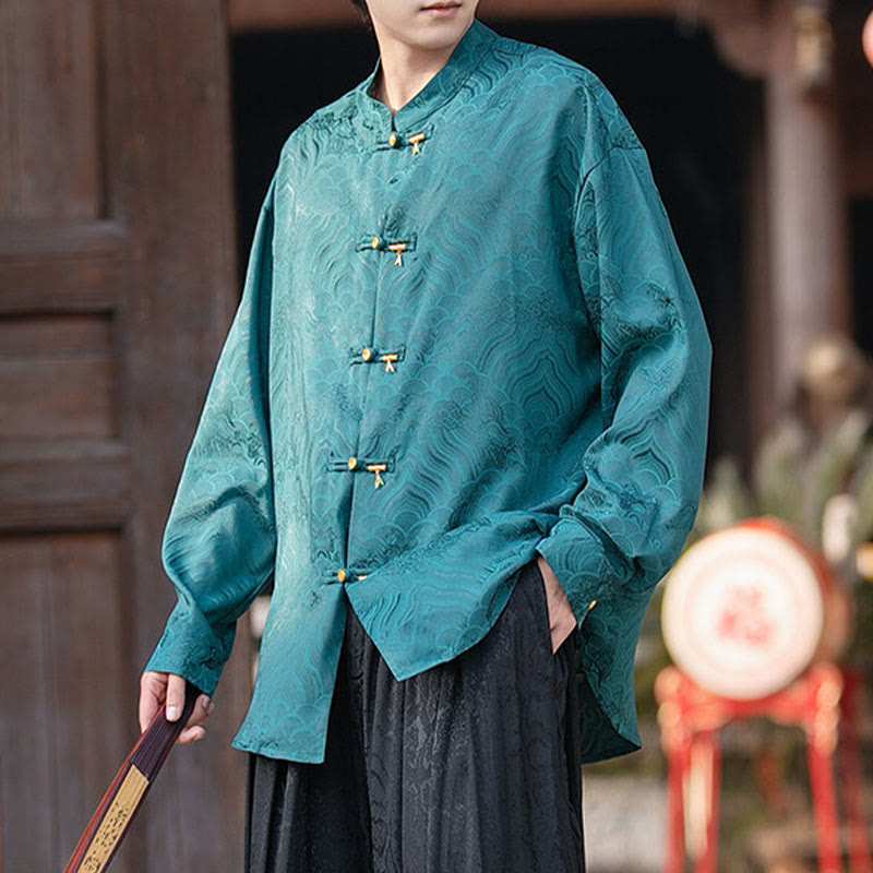 Buddha Stones Chinesischer Frosch-Knopf Bambus-Form-Design Stehkragen Herren Langarmhemd - HellMeerGrün - US/ UK/AU46,EU56 (5XL) - image 26