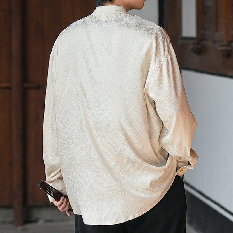 Buddha Stones Chinesischer Frosch-Knopf Bambus-Form-Design Stehkragen Herren Langarmhemd - image 4