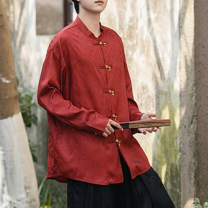 Buddha Stones Chinesischer Frosch-Knopf Bambus-Form-Design Stehkragen Herren Langarmhemd - image 22