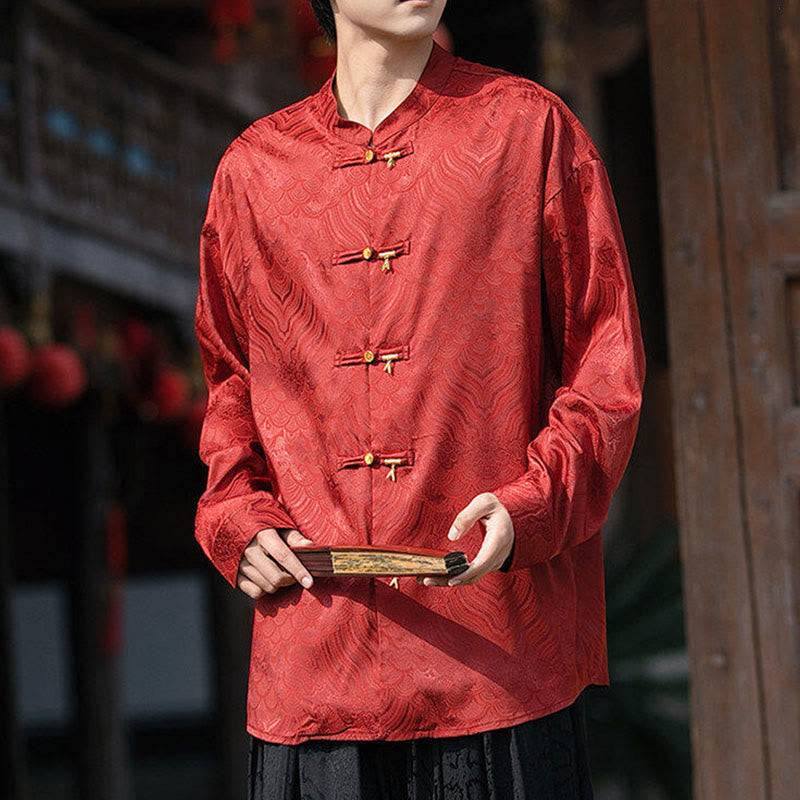 Buddha Stones Chinesischer Frosch-Knopf Bambus-Form-Design Stehkragen Herren Langarmhemd - image 24