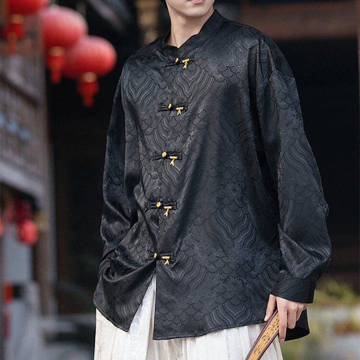 Buddha Stones Chinesischer Frosch-Knopf Bambus-Form-Design Stehkragen Herren Langarmhemd - image 16