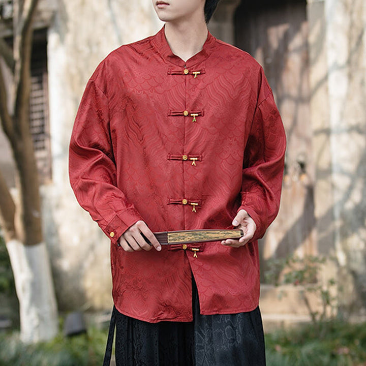 Buddha Stones Chinesischer Frosch-Knopf Bambus-Form-Design Stehkragen Herren Langarmhemd - Schamottestein - US/ UK/AU46,EU56 (5XL) - image 18