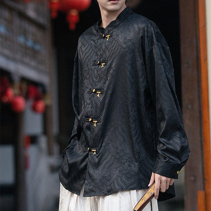 Buddha Stones Chinesischer Frosch-Knopf Bambus-Form-Design Stehkragen Herren Langarmhemd - image 14