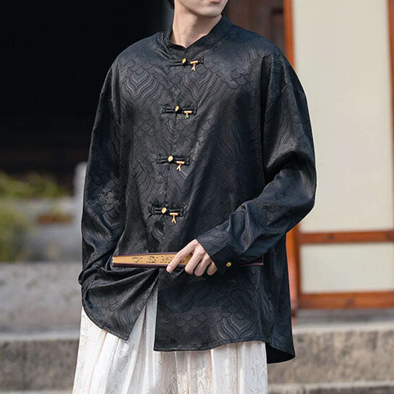 Buddha Stones Chinesischer Frosch-Knopf Bambus-Form-Design Stehkragen Herren Langarmhemd - Schwarz - US/ UK/AU46,EU56 (5XL) - image 10