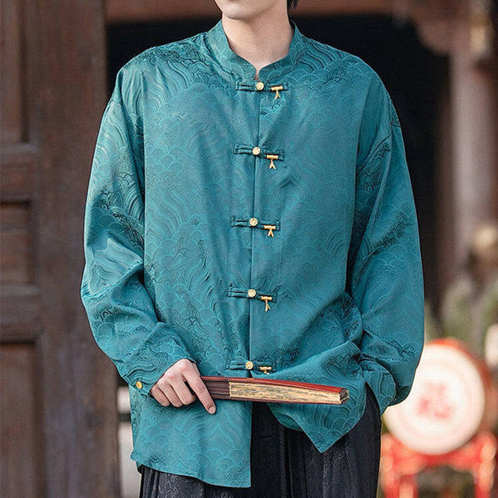 Buddha Stones Chinesischer Frosch-Knopf Bambus-Form-Design Stehkragen Herren Langarmhemd - image 28