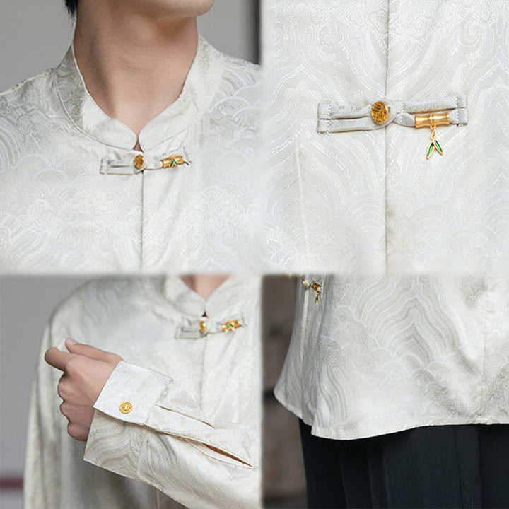 Buddha Stones Chinesischer Frosch-Knopf Bambus-Form-Design Stehkragen Herren Langarmhemd - image 9