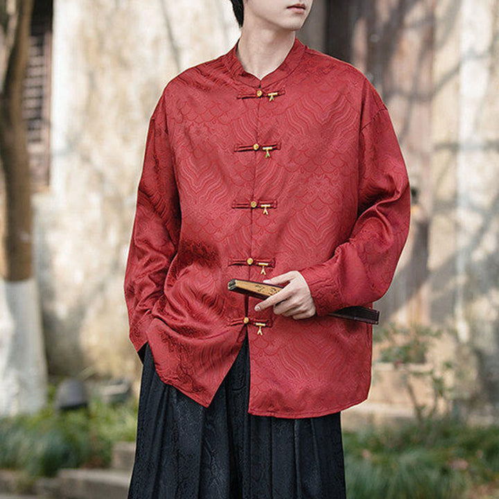 Buddha Stones Chinesischer Frosch-Knopf Bambus-Form-Design Stehkragen Herren Langarmhemd - image 19