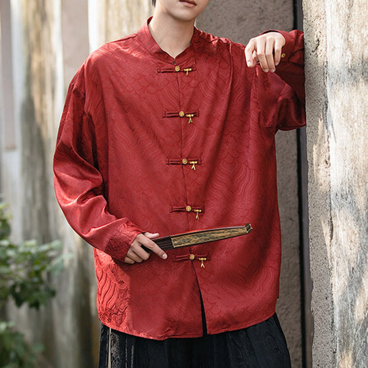 Buddha Stones Chinesischer Frosch-Knopf Bambus-Form-Design Stehkragen Herren Langarmhemd - image 23