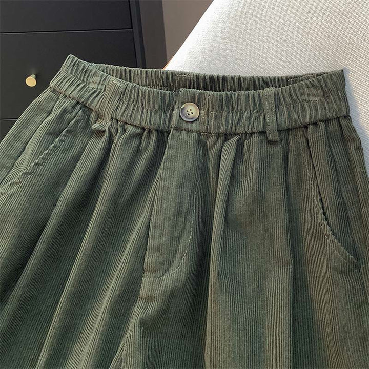 Buddha Stones Damenhose aus Cord und Baumwolle mit weitem Bein und Taschen, schlichtes Design mit elastischem Bund - image 1