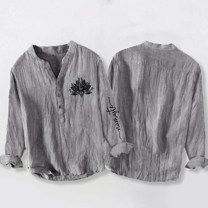 Buddha Stones Lotus Muster Halbknöpfe Herren Langarmhemd aus Baumwolle und Leinen - image 5