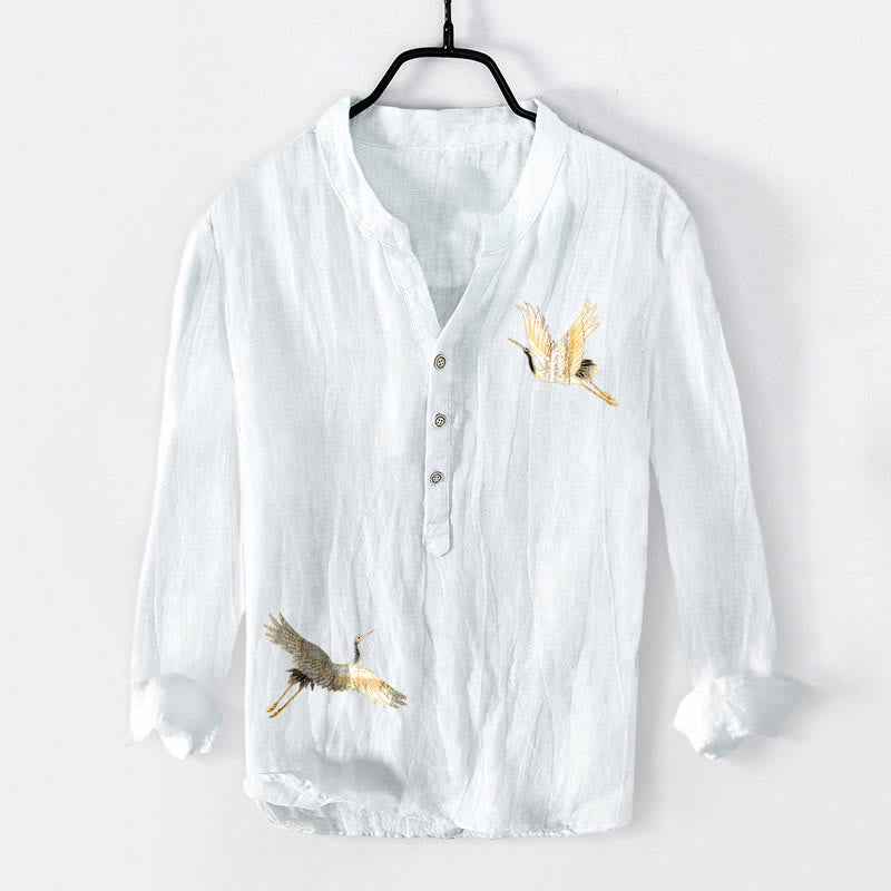 Buddha Stones Kranich Rote Sonne Kiefernbaum Muster Halbknöpfe Herren Langarmhemd aus Baumwolle und Leinen - image 7