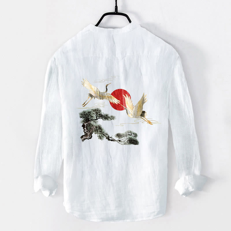 Buddha Stones Kranich Rote Sonne Kiefernbaum Muster Halbknöpfe Herren Langarmhemd aus Baumwolle und Leinen - image 8