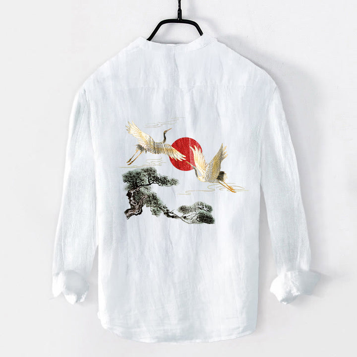 Buddha Stones Kranich Rote Sonne Kiefernbaum Muster Halbknöpfe Herren Langarmhemd aus Baumwolle und Leinen - image 8
