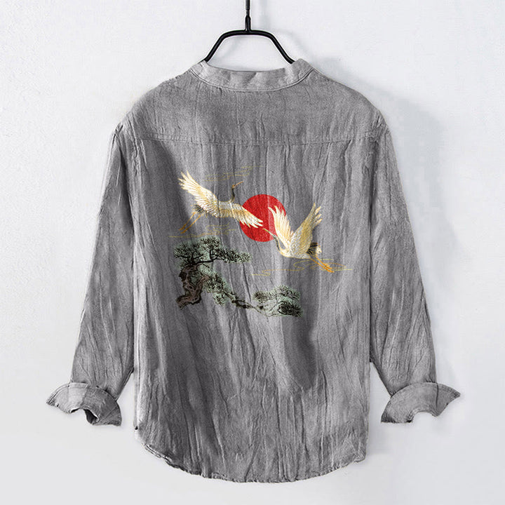 Buddha Stones Kranich Rote Sonne Kiefernbaum Muster Halbknöpfe Herren Langarmhemd aus Baumwolle und Leinen - image 2