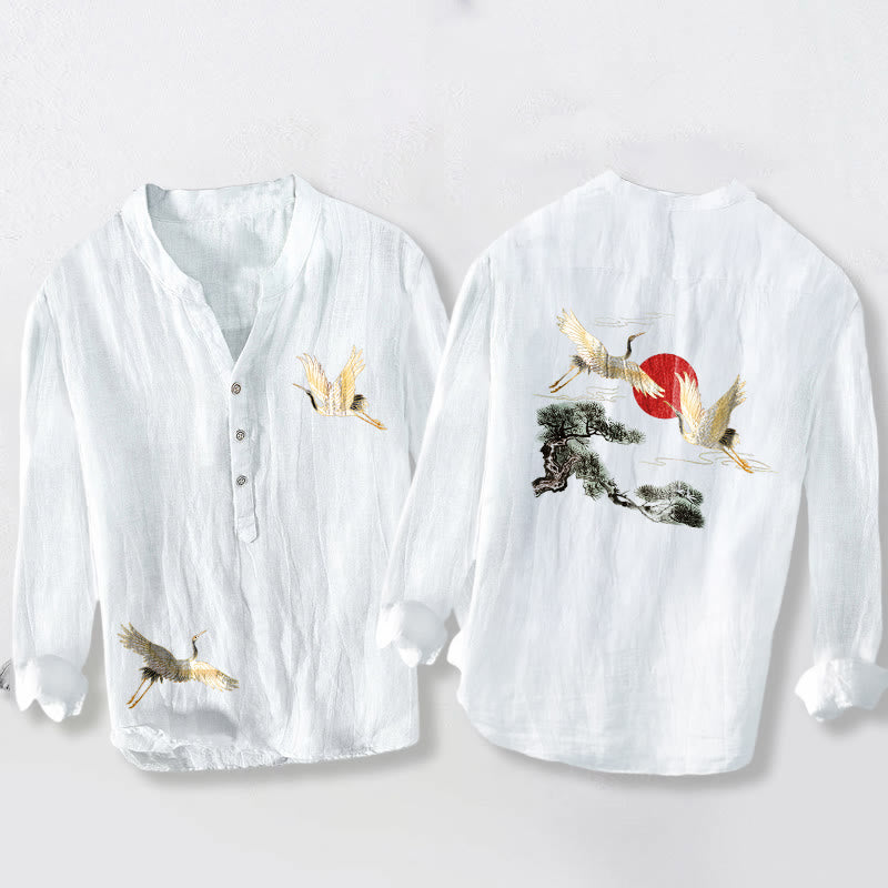 Buddha Stones Kranich Rote Sonne Kiefernbaum Muster Halbknöpfe Herren Langarmhemd aus Baumwolle und Leinen - Weiß - US/ UK/AU50,EU60 (5XL) - image 6