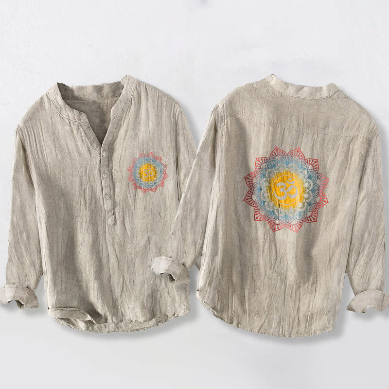 Buddha Stones Halbknöpfe Mandala Om Symbol Muster Herren Langarmhemd aus Baumwolle und Leinen - Leinen - US/ UK/AU50,EU60 (5XL) - image 3