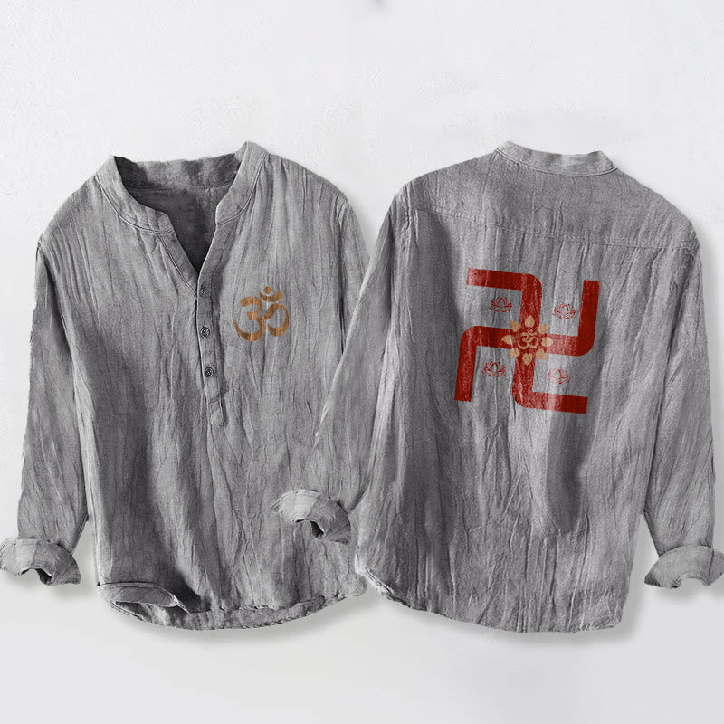 Buddha Stones , halbe Knöpfe, Lotus, Hakenkreuz, Om-Symbol-Muster, Herren-Langarmhemd aus Baumwolle und Leinen - Grau - US/ UK/AU50,EU60 (5XL) - image 3